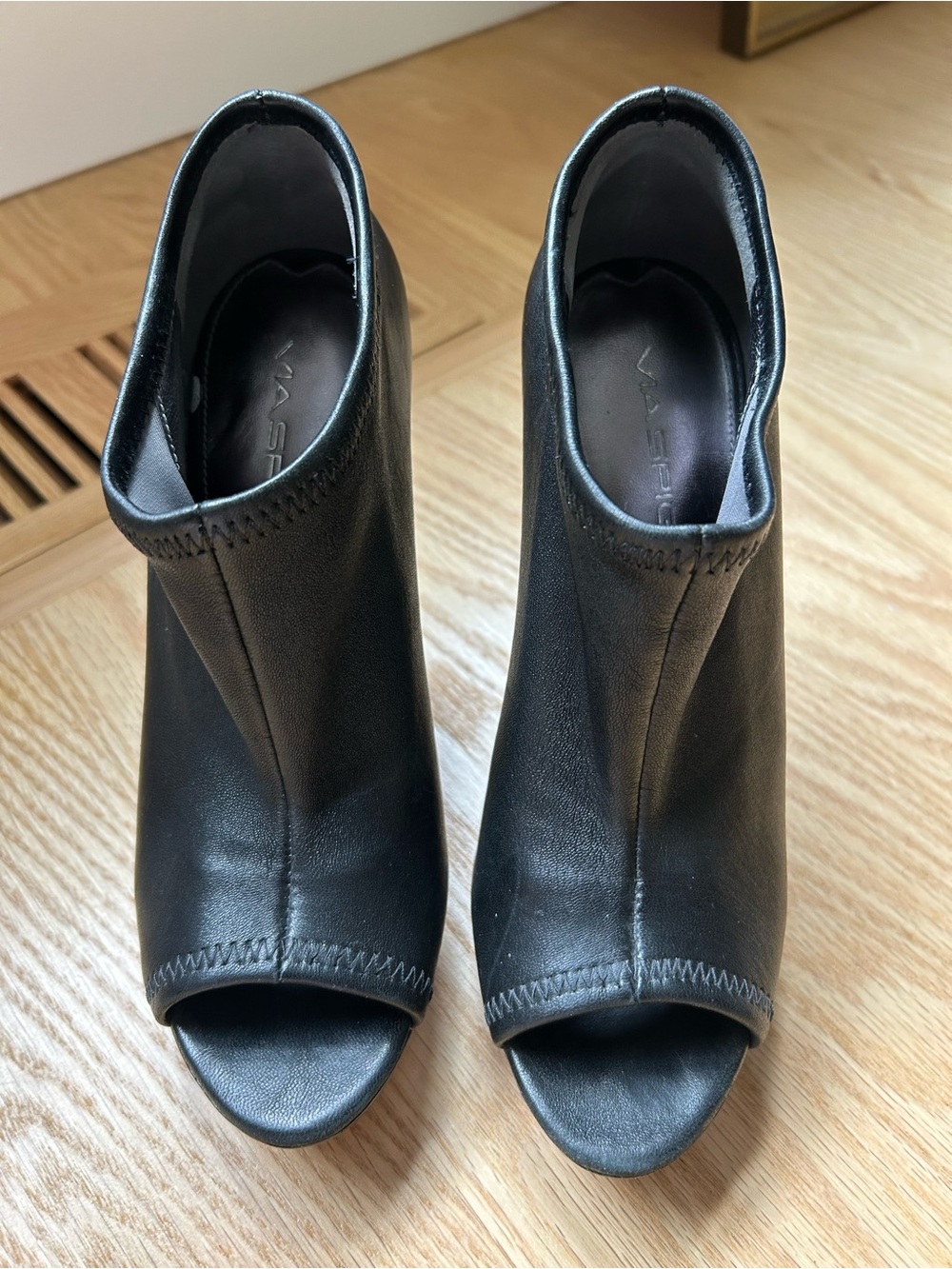 Via Spiga Black Leather Peep-Toe Ankle Booties